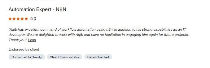 Client review for an n8n automation build, 5.0 stars