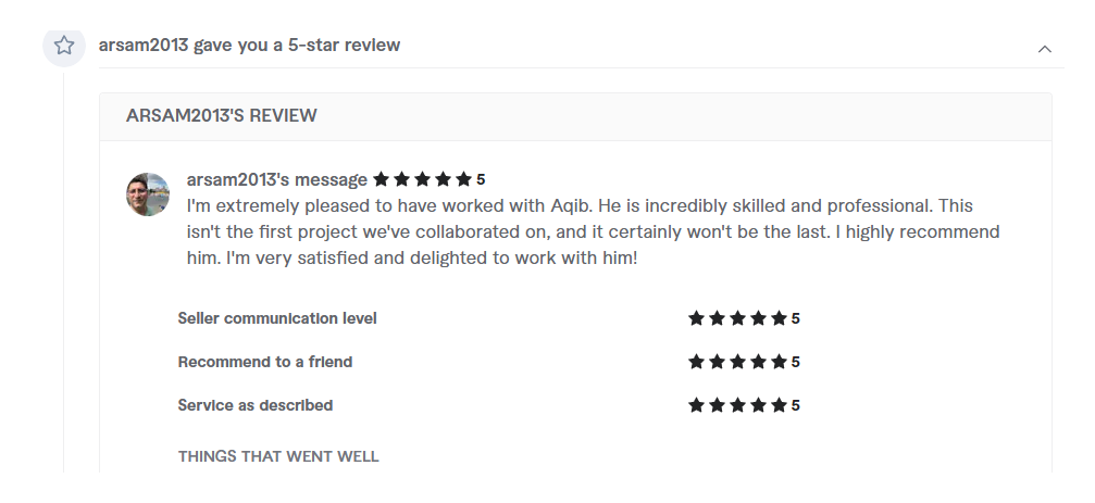 Client review, 5 stars, repeat client