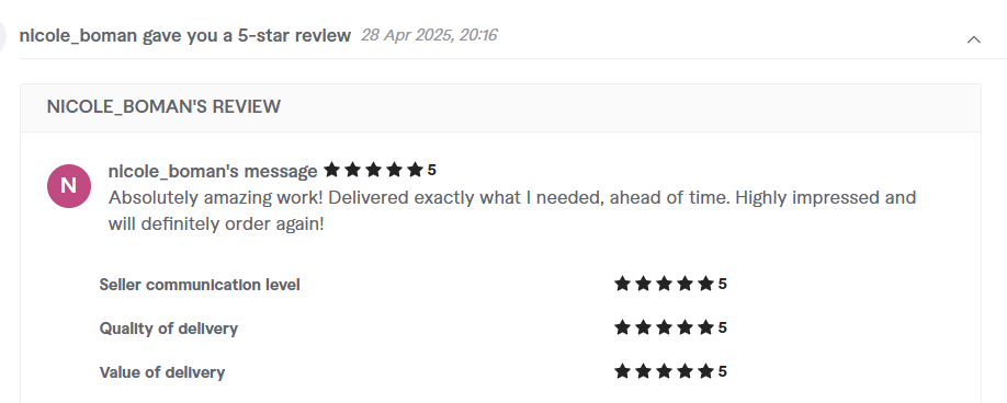 Client review from nicole_boman, 5.0 stars