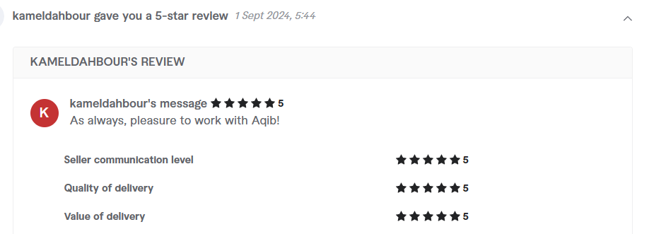 Client review from kameldahbour, 5.0 stars
