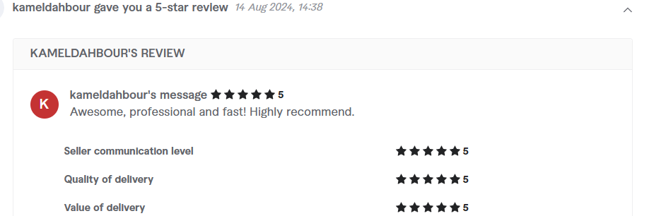 Client review from kameldahbour, 5.0 stars