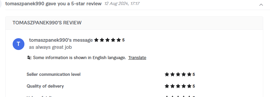 Client review from tomaszpanek990, 5.0 stars
