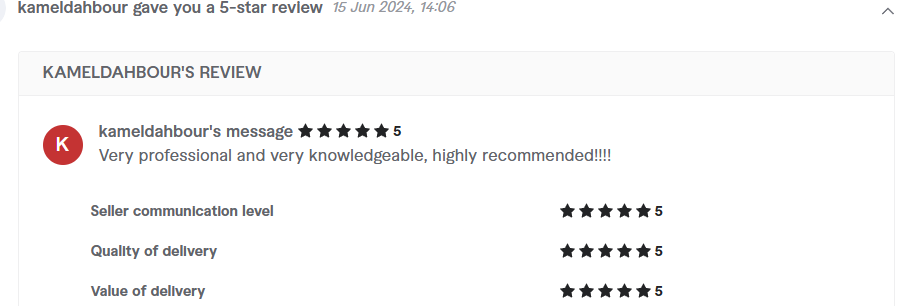 Client review from kameldahbour, 5.0 stars