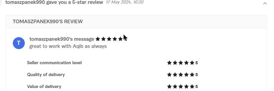 Client review from tomaszpanek990, 5.0 stars