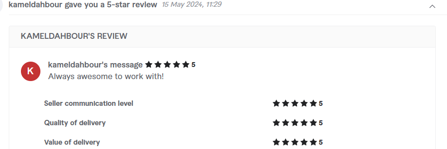 Client review from kameldahbour, 5.0 stars