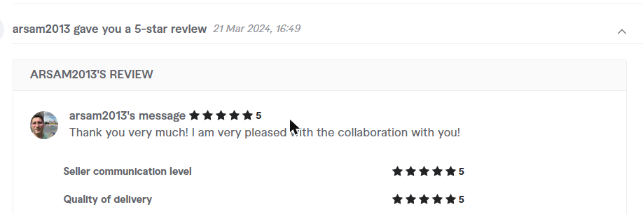 Client review from arsam2013, 5.0 stars
