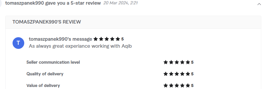 Client review from tomaszpanek990, 5.0 stars