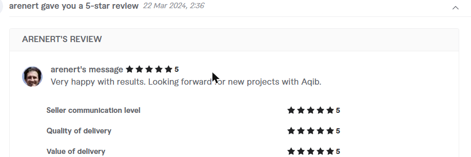 Client review from arenert, 5.0 stars