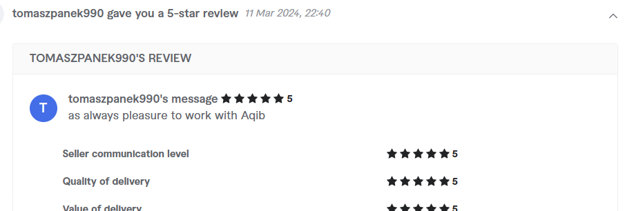 Client review from tomaszpanek990, 5.0 stars