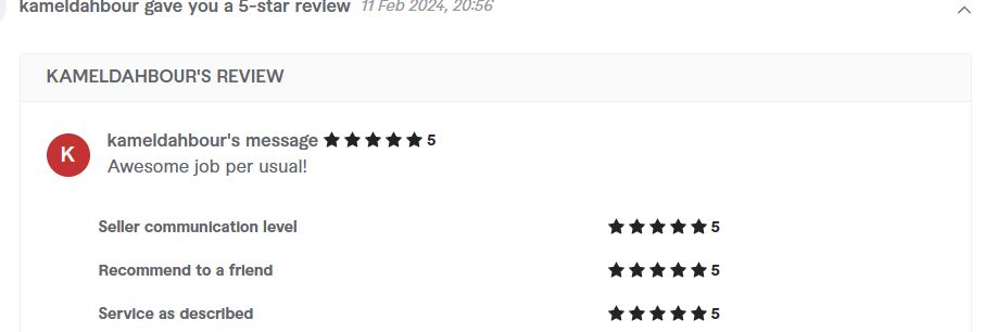 Client review from kameldahbour, 5.0 stars