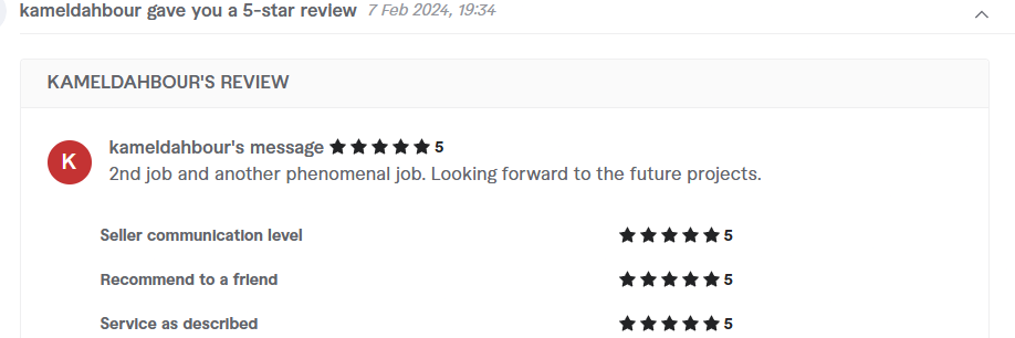 Client review from kameldahbour, 5.0 stars