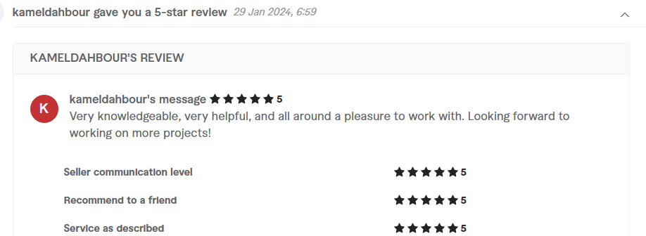 Client review from kameldahbour, 5.0 stars