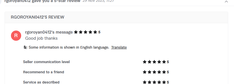 Client review from rgoroyan0412, 5.0 stars