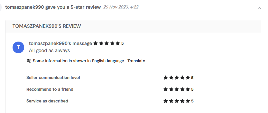 Client review from tomaszpanek990, 5.0 stars