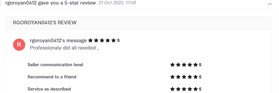 Client review from rgoroyan0412, 5.0 stars
