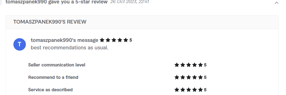 Client review from tomaszpanek990, 5.0 stars