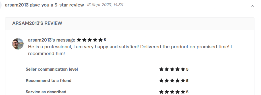 Client review from arsam2013, 5.0 stars