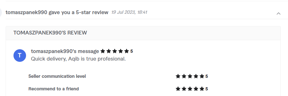 Client review from tomaszpanek990, 5.0 stars