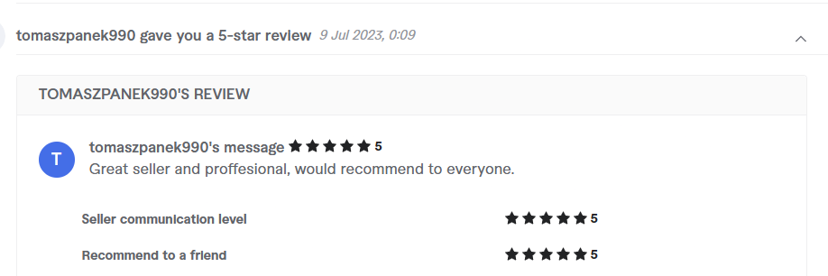 Client review from tomaszpanek990, 5.0 stars