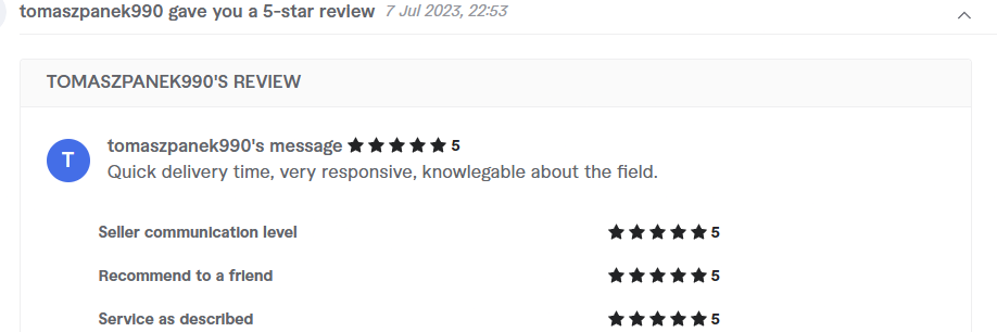 Client review from tomaszpanek990, 5.0 stars