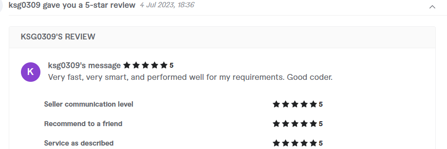Client review from ksg0309, 5.0 stars