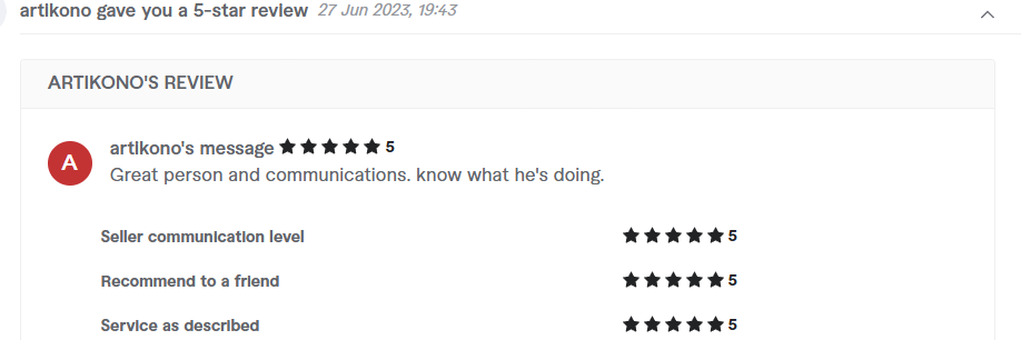 Client review from artikono, 5.0 stars