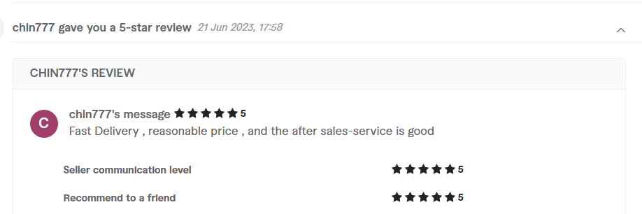 Client review from chin777, 5.0 stars