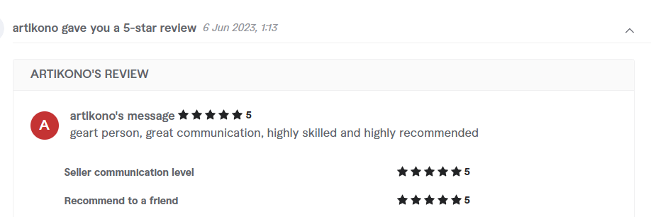 Client review from artikono, 5.0 stars