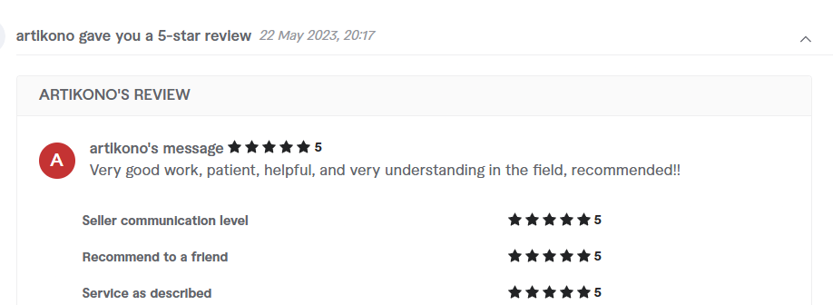 Client review from artikono, 5.0 stars