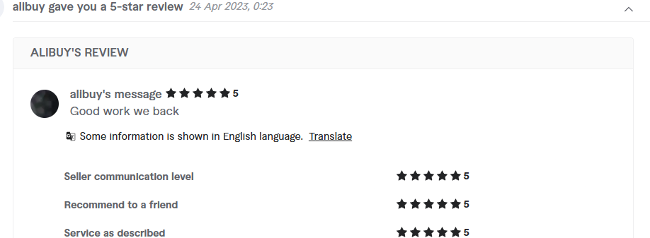Client review from alibuy, 5.0 stars
