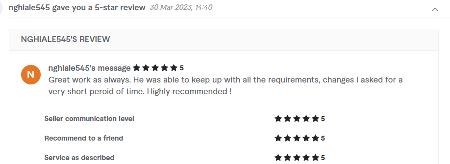 Client review from nghiale545, 5.0 stars