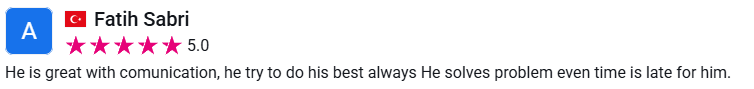 Client review from Fatih Sabri, 5.0 stars