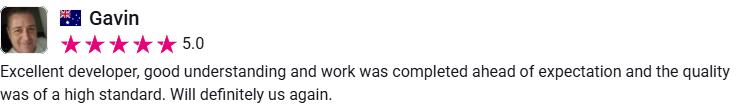 Client review from Gavin, 5.0 stars