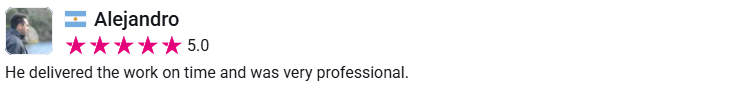 Client review from Alejandro, 5.0 stars