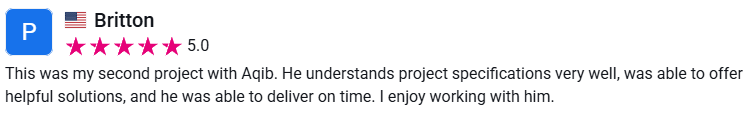 Client review from Britton, 5.0 stars