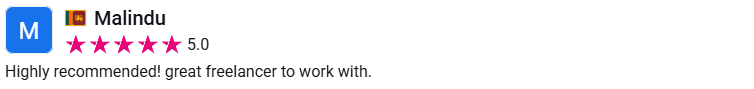 Client review from Malindu, 5.0 stars