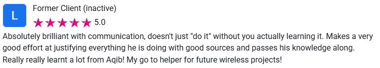 Client review from Former Client (inactive), 5.0 stars