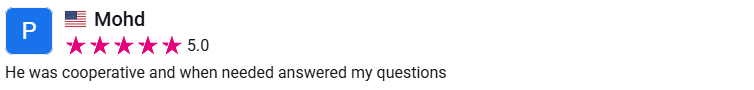 Client review from Mohd, 5.0 stars